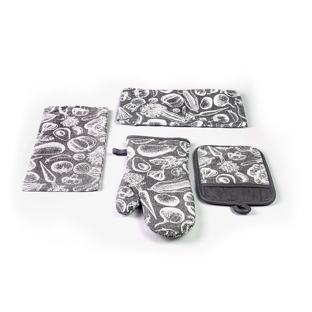 44KIT DE COCINA GRIS  GUANTE PARA  HORNO, SUJETA OLLAS, PAÑO DE COCINA, DELANTAL 