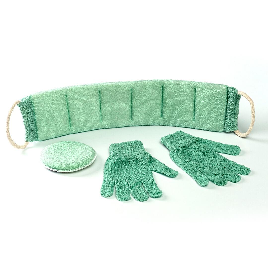 44  KIT DE BAÑO VERDE LIMPIADOR DE ESPALDA, ESPONJA EXFOLIANTE FACIAL, GUANTE EXFOLIANTE CORPORAL 