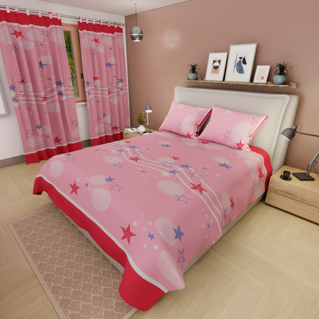 Juego De Sábanas Con Cortinas Rosa Patrón Estrellas Ultra Suave