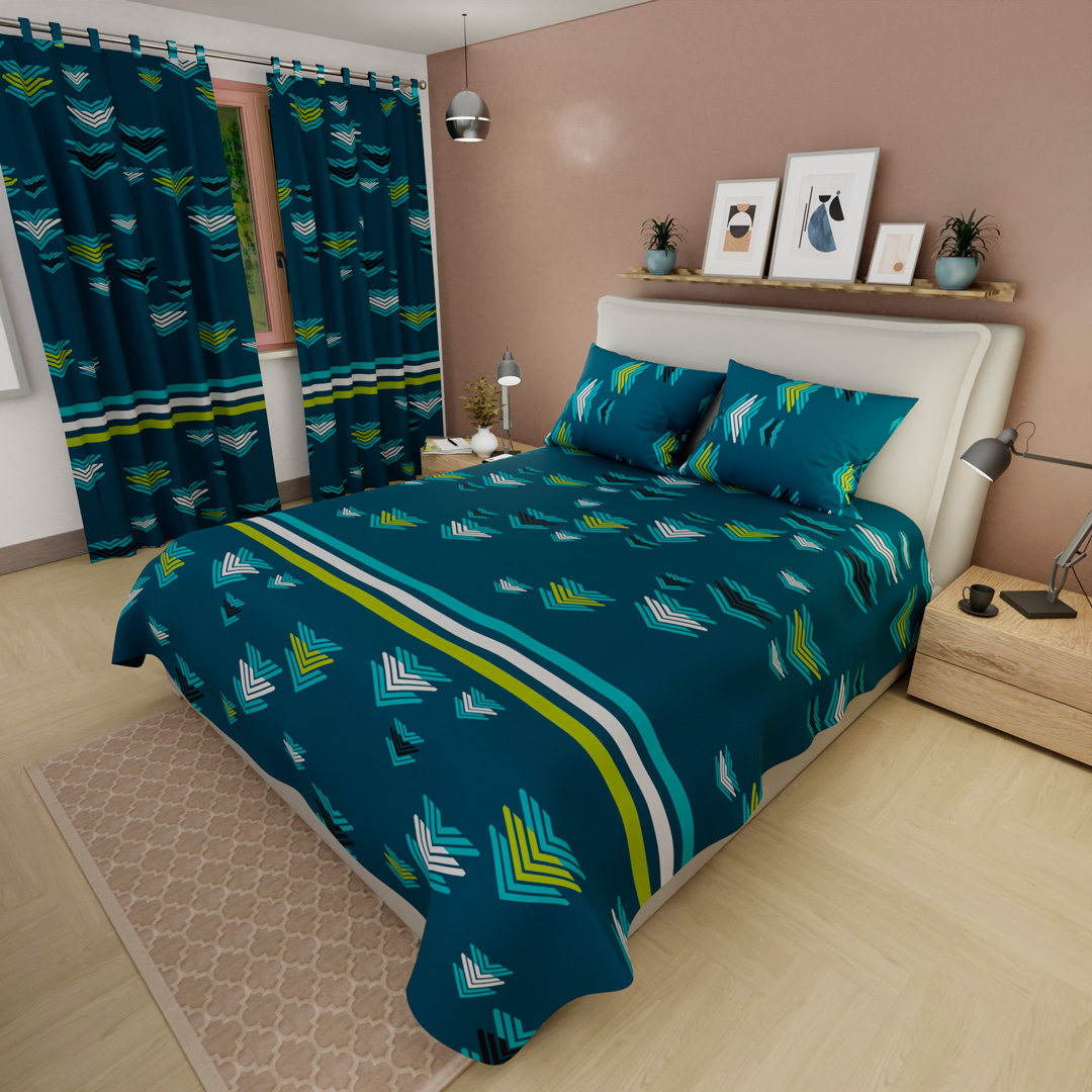 Juego De Sábanas Con Cortinas Azul Patrón Flechas Ultra Suave