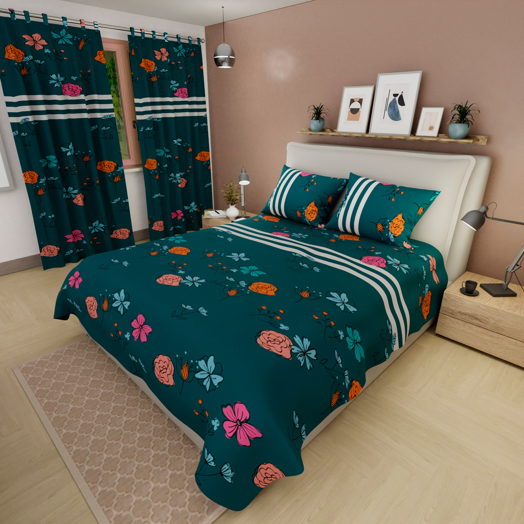 Juego De Sábanas Con Cortinas Fondo Azul con Rosas