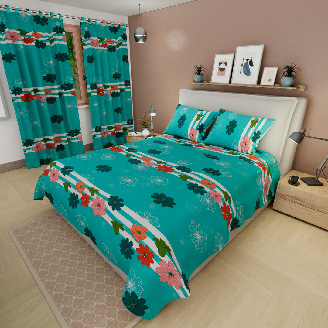 Juego de sábanas con cortinas Verde Blanco Flores Confortable